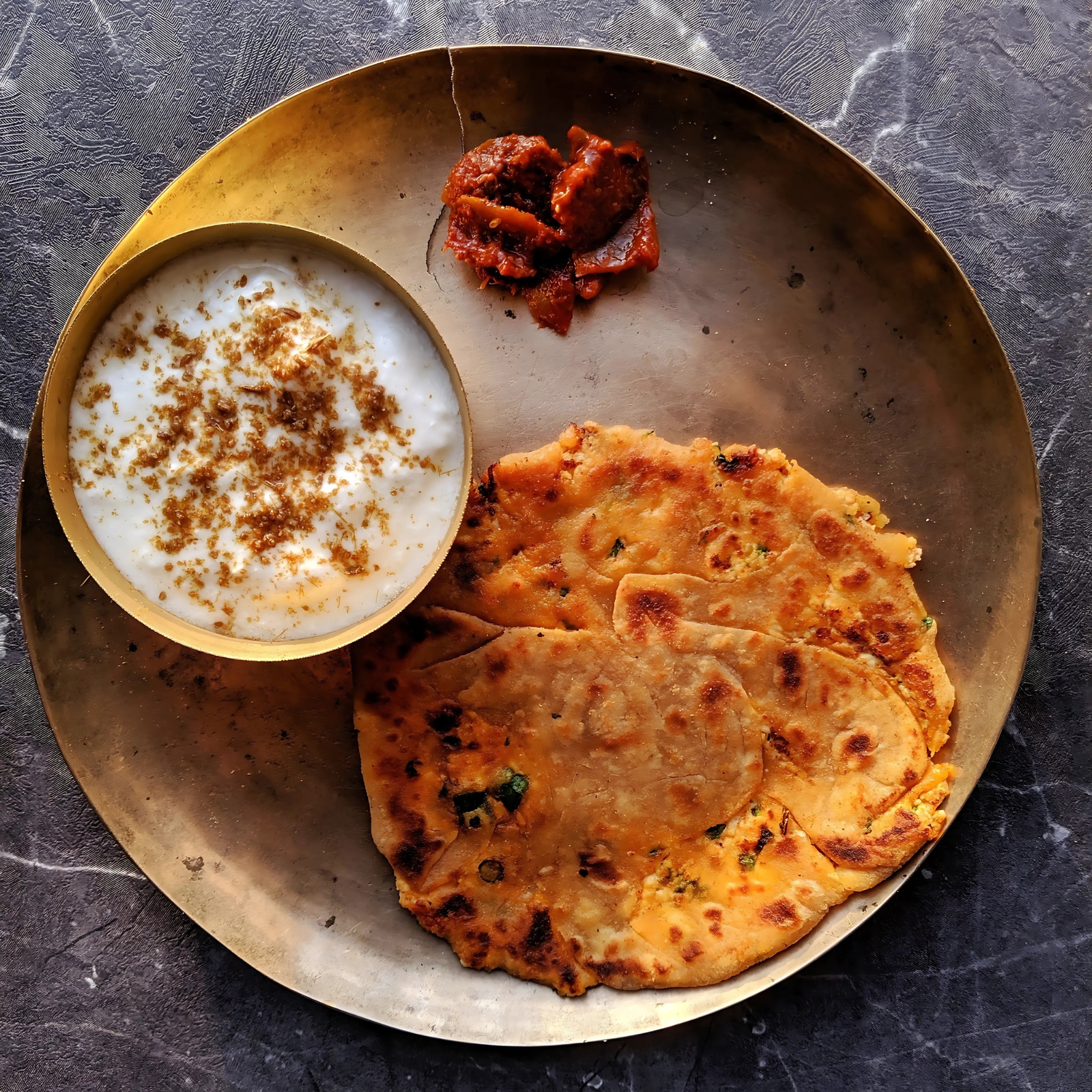 Paneer Paratha with Curd & Pickle